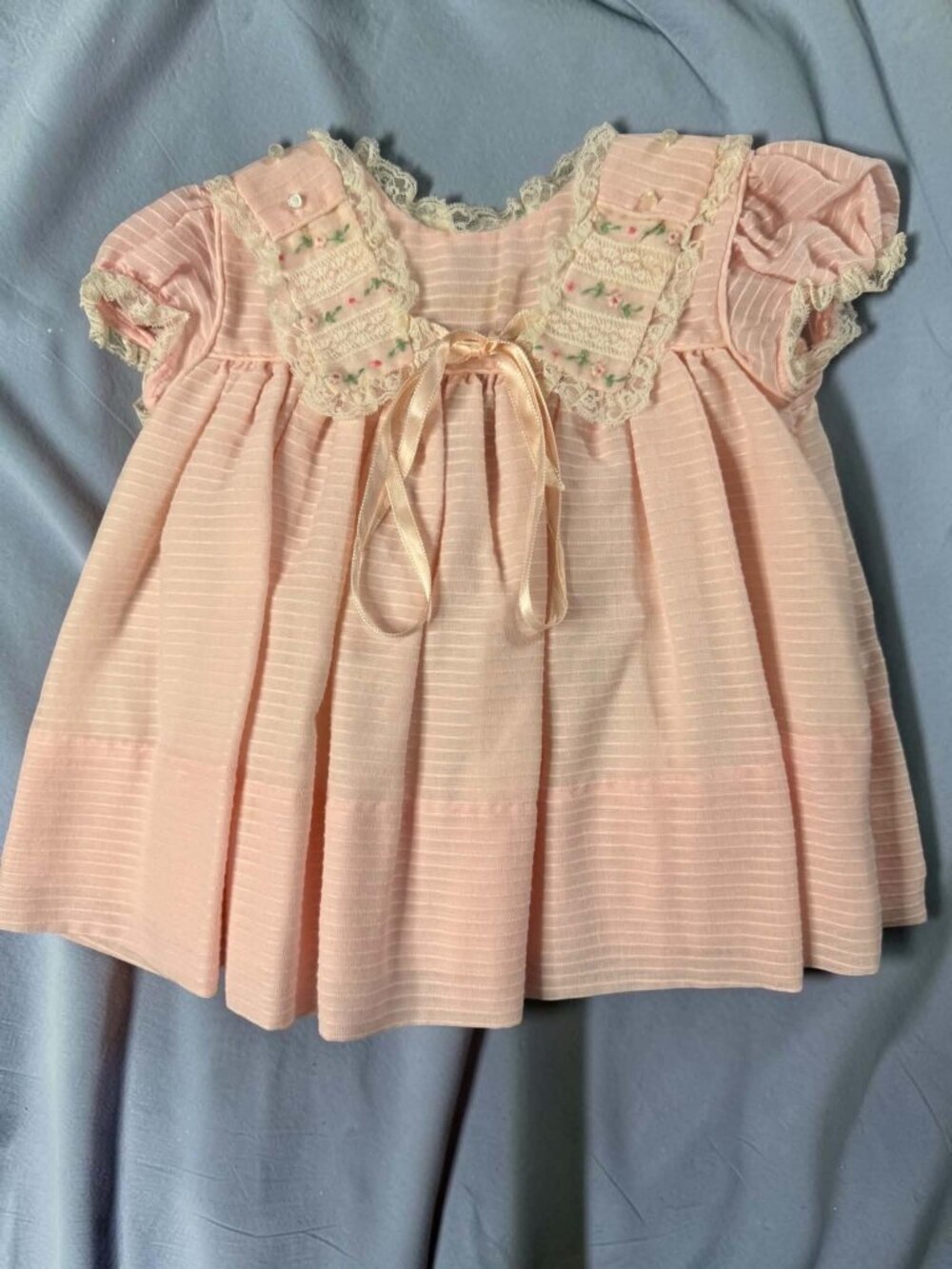 Vintage 1950s 1960s C.I. Castro Pink Heirloom Baby Dress Lace Trim Bow 18 Months